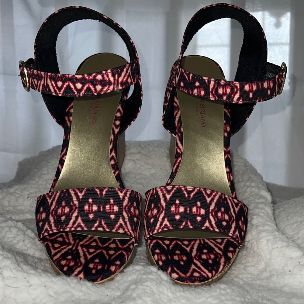 Christian Siriano Hot Pink and Black Patterned Ankle-Strap Wedge Sandals